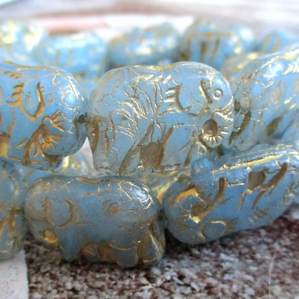 2 Elephant 19 x 14 mm Bohemian Glass Beads pale aqua blue opal gold-colored finish Czech Beads Mala Boho Ethno Festival
