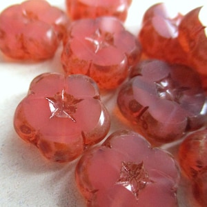 4 Contas de Vidro Boêmias em Formato de Flor, 14 mm, Vintage, Rosa Opala, Acabamento Picasso, Flores de Vidro, Contas Originais Tchecas, Corte à Mesa, Estilo Boho