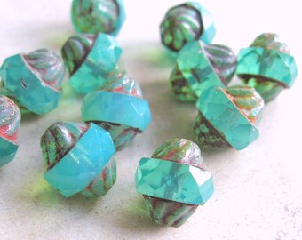 6 Turbine Bohème Beads 11 x 10 mm aqua green opal Picasso Finition original czech beads Perles baroques