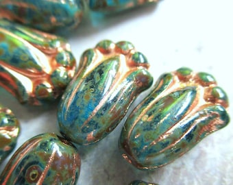 10 perle di vetro di Boemia Tulipani 12 x 8 mm acqua verde acqua trasparente finitura Picasso lavaggio rame chiaro perle ceche originali fiori di vetro Boho