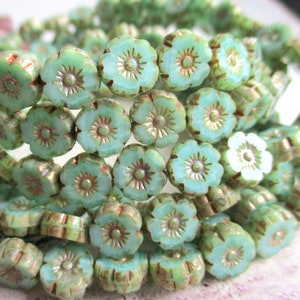 8 Bohemian glass beads Flower Hawaii 8 mm dark mint green silk travertine finish glass flowers original czech Beads Table Cut Boho