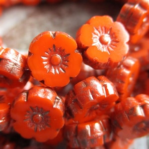 8 Bohemian glass beads Flower Hawaii 8 mm deep orange opaque subtle metallic finish glass flowers original Czech Beads Table Cut Boho