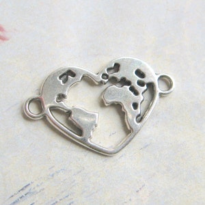 Connecteur connecteur globe carte du monde terre coeur argent 20 x 16 mm connecteur bracelet connecteur bohème festival hippie