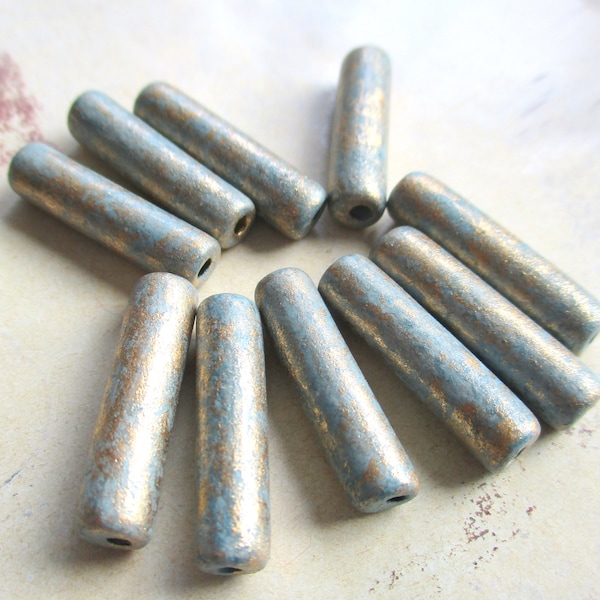 10 griechische Keramikperlen Röhren 20 x 5 mm light grey blue golden spot Tubes Ethno Boho Festival Spacer hellblau zartblau