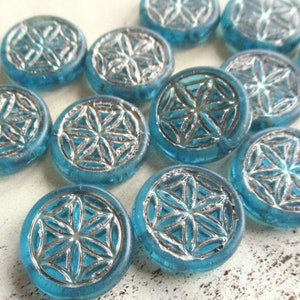 Mandala 2 esclusive perle di vetro di Boemia Fiore della Vita 18 mm blu petrolio trasparente finitura platino perline ceche originali ornamento boho