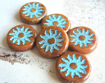 1 exclusive Böhmische Glasperle Sun 22 mm Cinnamon opak Turquoise Wash original czech beads Sonne Boho Hippie zimtbraun Festival Ethno