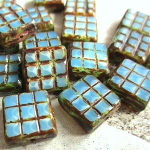 4 Böhmische Glasperlen Square 13 x 13 mm aqua opal Picasso Finish Table Cut original czech beads