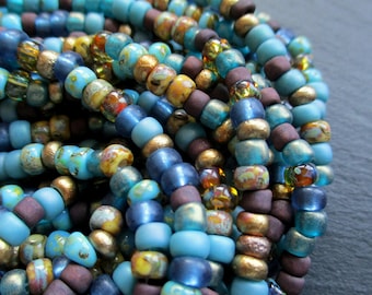 1 long strand 50 cm Rocailles 6/0 Miyuki Toho Matsuno Czech Seed Beads Mix Navajo approx. 175+ beads turquoise brown topaz midnight blue
