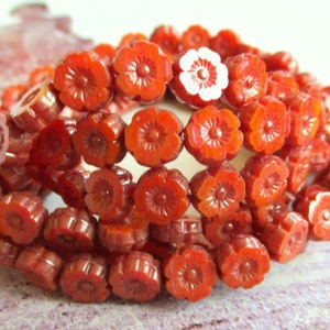 8 Bohemian glass beads Flower Hawaii 8 mm burned orange marbled opaque bronze finish glass flowers original czech Beads Table Cut Boho