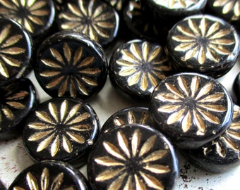 5 Bohemian glass beads coin with Aster Flower 12 mm black opaque shiny gold finish original czech beads coin boho retro style