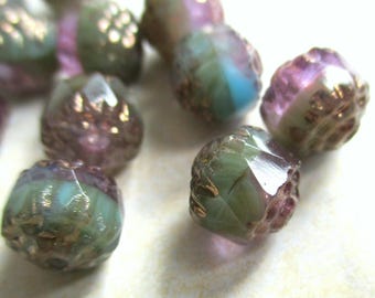 6 Bohemian Baroque Beads 8 mm lilac aqua turquoise bronze finish Bols Beads original Czech beads Cathedral Beads Bohemian cut glass beads