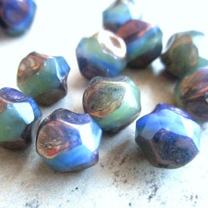 6 Bohemian baroque pearl nuggets 9 mm lime green sky blue white milky marbled bronze finish original czech glass beads Bohemian glass beads