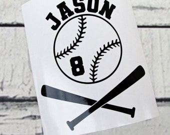 May include: Black and white baseball themed decal with the name "JASON" and the number "8" on a baseball. Two crossed baseball bats are below the baseball.