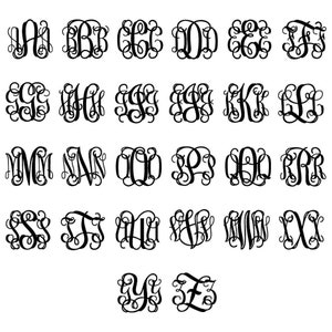 May include: A selection of black, ornate monogram letters in various styles. Each letter is presented in a square format, featuring a swirling, calligraphic design. The letters A to Z are displayed.