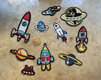 Iron-on patch space planets stars rockets UFOs