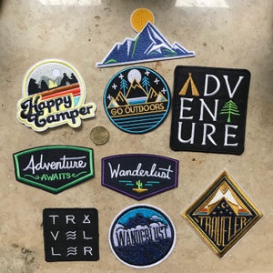 Iron on patch round, wanderlust, go outdoors, adventure awaits, happy camper, traveller