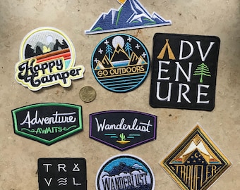 Iron on patch round, wanderlust, go outdoors, adventure awaits, happy camper, traveller