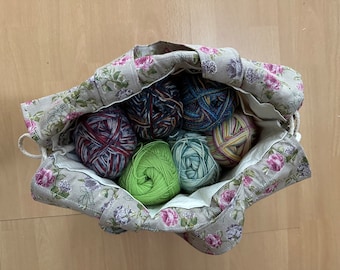 Project bag for rose pattern knitting or crochet projects with drawstring, travel crafts