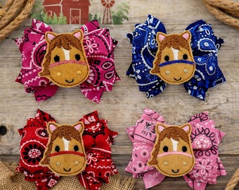 Horse Hair Bow | Western Cowgirl | Bandana | Farm Hair Accessory | Baby Toddler Girl
