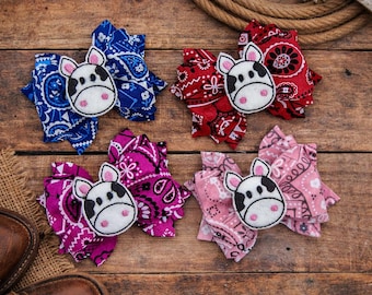 Cow Hair Bow | Western Cowgirl | Bandana | Farm Hair Accessory | Baby Toddler Girl