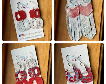 Leather Earrings, Boho Style, Statement Earrings, Red Dangle, Silver Sparkle