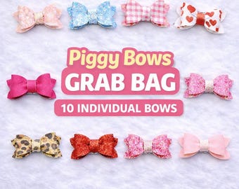 Individual Piggy Bows Grab Bag | 10 Random Small Hair Bows | Faux Leather | Mystery Set