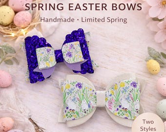 Floral Bunny Easter Hair Bow, Glitter Shimmer Spring Clip, Girls Boutique Accessory