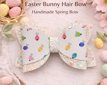Handmade Easter Bunny Hair Bow | Glitter Sparkle Spring Accessory (4" Bow)