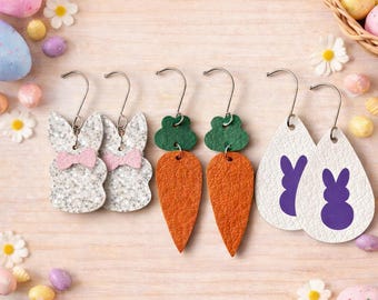 Easter and Spring Leather Earrings, Bunny teardrop