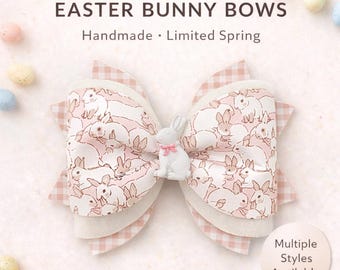 Handmade Easter Bunny Bow, Gingham Bunny Print Hair Clip, Pastel Spring Accessory