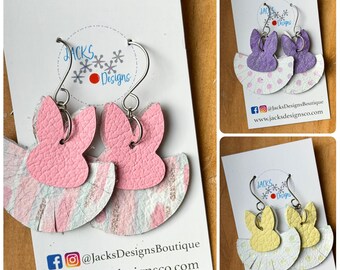 Leather Easter Dangle Earring, Spring Bunny, Fringed Earring