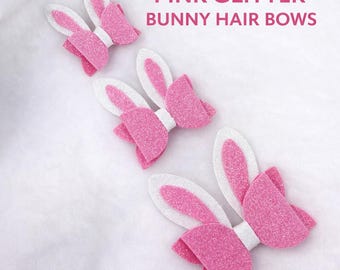 Easter Bunny Ears, Hair Bow,Pigtail Set, Pink Glitter