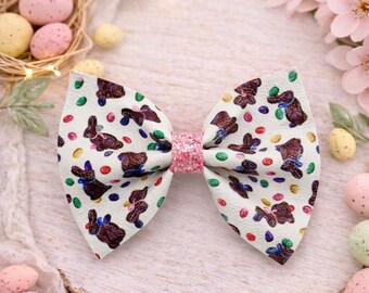 Chocolate Bunny Easter Hair Bow | Faux Leather Glitter Center (4 Inch)