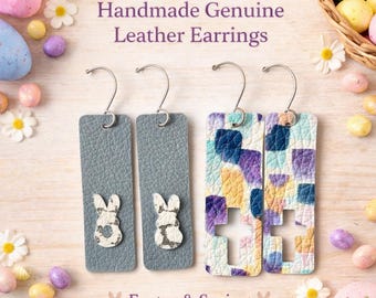 Leather Easter Earrings, Pink and White Bunny, Geometric Boho