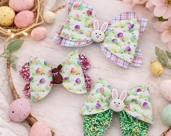 Easter Bunny Hair Bow, Girls Spring Egg Plaid Glitter Clip, Handmade Basket Accessory