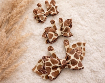 Giraffe Print Hair Bow | Faux Leather Zoo Animal, Glitter Accents