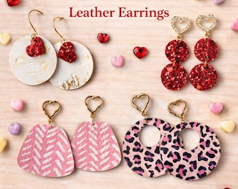 Pink and Red Leather Earrings, Dangle, Boho style, Lightweight glitter