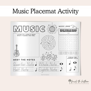 K&ouml;nnte beinhalten: Wei&szlig;e Tischset mit schwarzen Strichzeichnungen und Text. Enth&auml;lt eine Gitarre, ein Labyrinth, Noten und die Worte "Music Placemat Activity". Enth&auml;lt einen Musikwitz und Notenidentifikations&uuml;bungen.