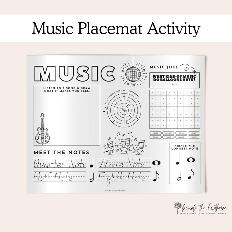 K&ouml;nnte beinhalten: Wei&szlig;e Tischset mit schwarzen Strichzeichnungen und Text. Enth&auml;lt eine Gitarre, ein Labyrinth, Noten und die Worte "Music Placemat Activity". Enth&auml;lt einen Musikwitz und Notenidentifikations&uuml;bungen.