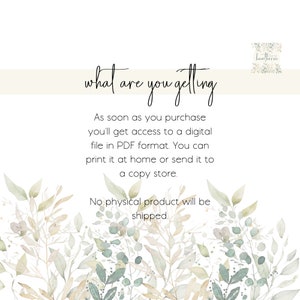 K&ouml;nnte beinhalten: Eine digitale Download-Grafik mit einem Aquarell-Blumenhintergrund und dem Text "what are you getting". Der Text darunter erkl&auml;rt, dass der Kauf eine digitale Datei im PDF-Format ist, die zu Hause oder in einem Kopierladen ausgedruckt werden kann. Der Text besagt auch, dass kein physisches Produkt versandt wird.