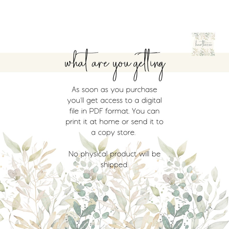 K&ouml;nnte beinhalten: Eine digitale Download-Grafik mit einem Aquarell-Blumenhintergrund und dem Text "what are you getting". Der Text darunter erkl&auml;rt, dass der Kauf eine digitale Datei im PDF-Format ist, die zu Hause oder in einem Kopierladen ausgedruckt werden kann. Der Text besagt auch, dass kein physisches Produkt versandt wird.