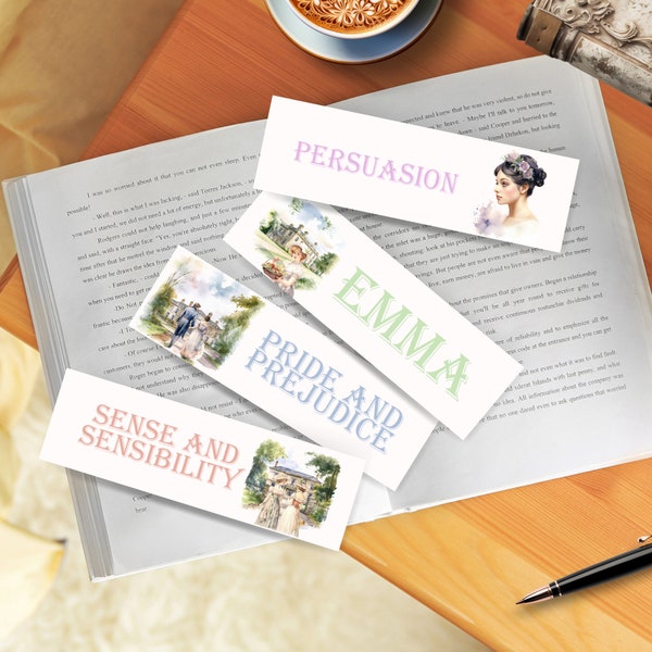 Printable Jane Austen Bookmarks | Persuasion, Emma, Pride and Prejudice, & Sense and Sensibility, Gifts for Book Lovers, Austen Fan, PDF