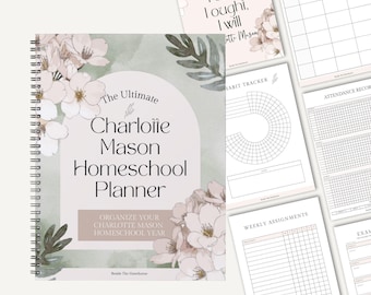 The Ultimate Charlotte Mason Homeschool Planner / Planner Homeschool non datato / Charlotte Mason, fiori neutri acquerellati, 20 principi