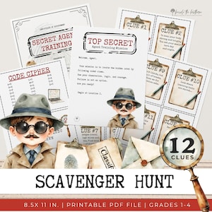 May include: A printable scavenger hunt game with a detective theme. The design includes a code cipher, clues, and illustrations of a detective. The text includes "Top Secret Agent Training Mission" and "Scavenger Hunt". The game is 8.5 x 11 inches.