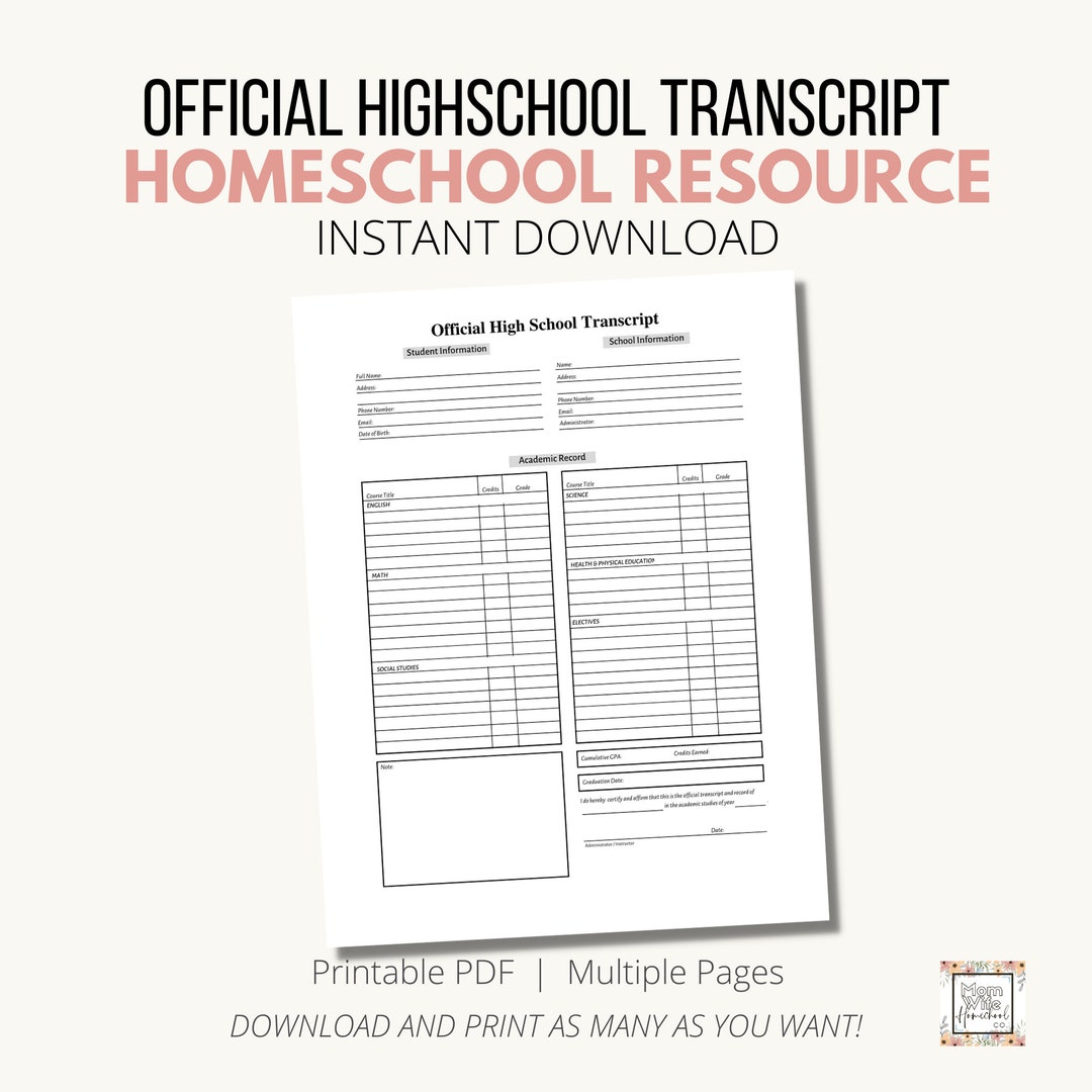 Official High School Transcript for Homeschoolers Editable Homeschool Official High School Transcript for Homeschoolers Editable Homeschool