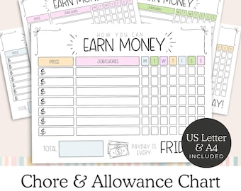Könnte beinhalten: Ein druckbares Aufgaben- und Taschengeld-Diagramm mit dem Text „How You Can Earn Money“. Das Diagramm enthält Abschnitte für Preis, Job/Aufgaben und einen Wochenkalender. Das Design zeigt Pastellfarben und einen schwarzen Kreis mit „US Letter & A4 Included“.