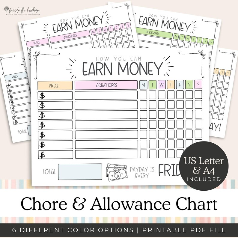 Printable Allowance Chart, Earn Money, Customizable Chore Chart, Award ...