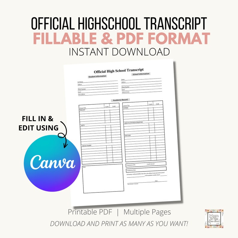 Official High School Transcript for Homeschoolers Homeschool - Etsy