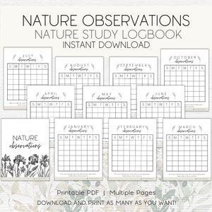 Charlotte Mason Observation Calendars, Nature Study, Charlotte Mason Homeschool, Nature Logbook, Nature Observation Calendar, Printable PDF