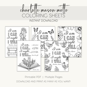 Hojas para colorear con el lema de Charlotte Mason, Páginas para colorear, Páginas para colorear de educación en el hogar, Charlotte Mason, Hojas para colorear imprimibles, 5 páginas